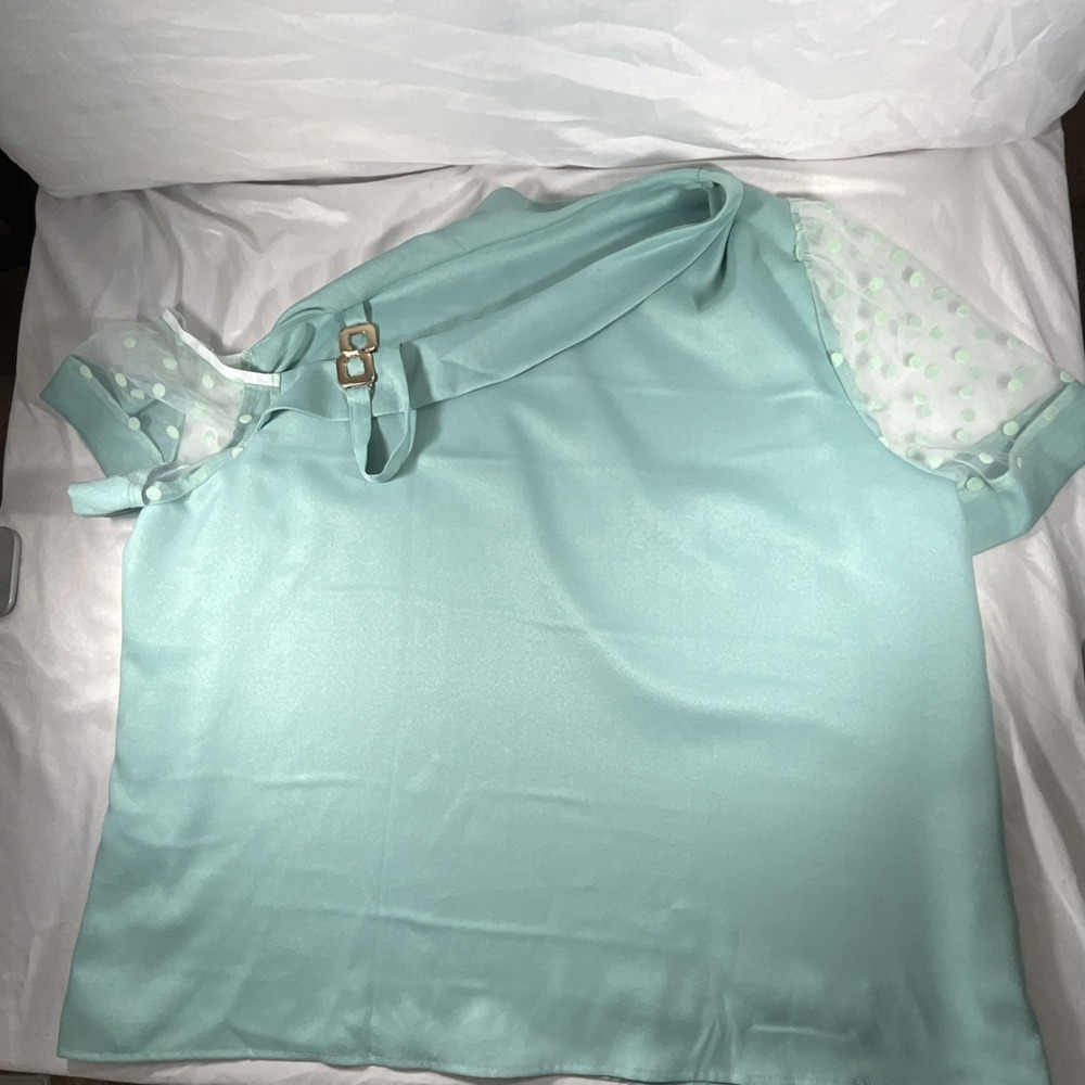 SHEIN Curve Mint Green Polka Dot Buckle Accent Chiffon Blouse 4XL Short Sleeve